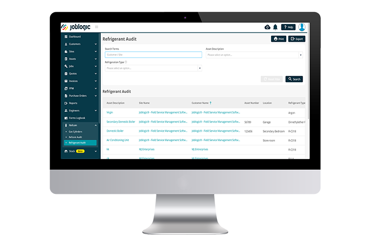 Refrigerant audit view on Joblogic desktop