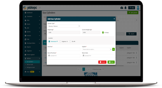 Add gas cylinder to library with Joblogic