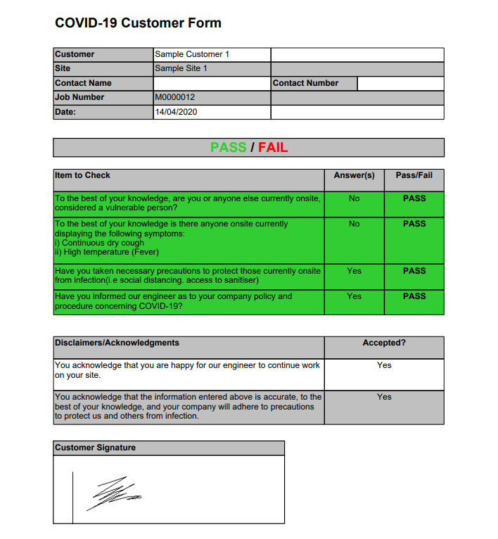 Form Customer On-Site Form Output